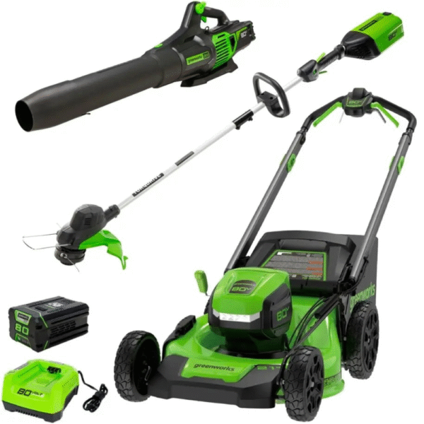 Greenworks 80V 21” Lawn Mower, 13” String Trimmer, and 730 Leaf Blower