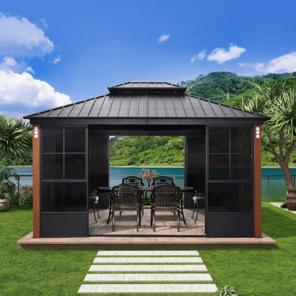Hardtop Gazebo For Patio Screen House Backyard Sunroom With LED Lights Outdoor Aluminum Solarium Canopy 12′ x 14′