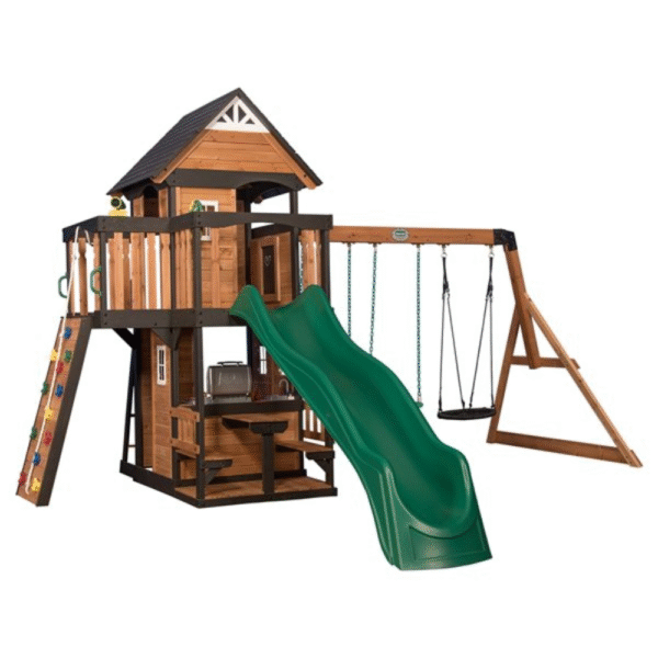 Canyon Creek All Cedar Swing Set Playset w/ Rockwall Upper Fort Belt Swings Web Swing Gray Wave Slide, and Play Kitchen