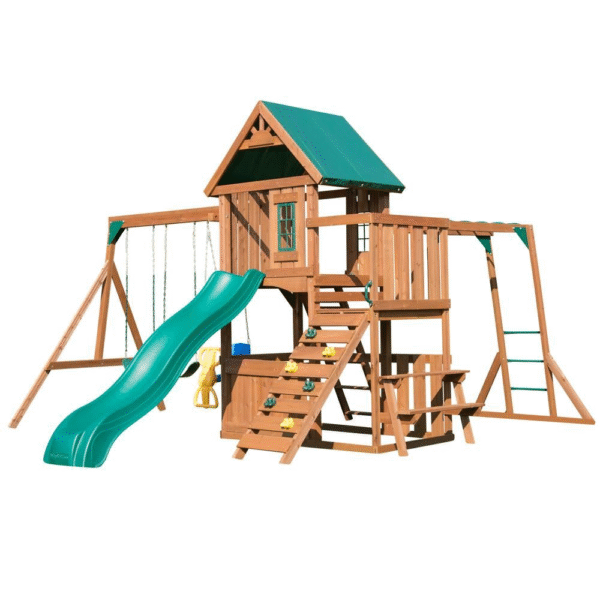 Knightsbridge Plus Complete Wooden Outdoor Playset with Monkey Bars, Slide, Rock Wall and Swing Set Accessories