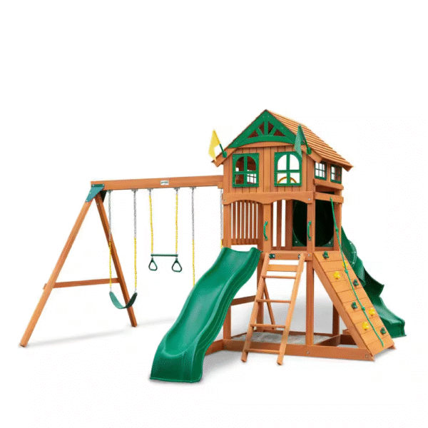 Outing III Wooden Outdoor Playground with Wood Roof, Monkey Bars, Slide, Swings set, and Backyard Playset Accessories