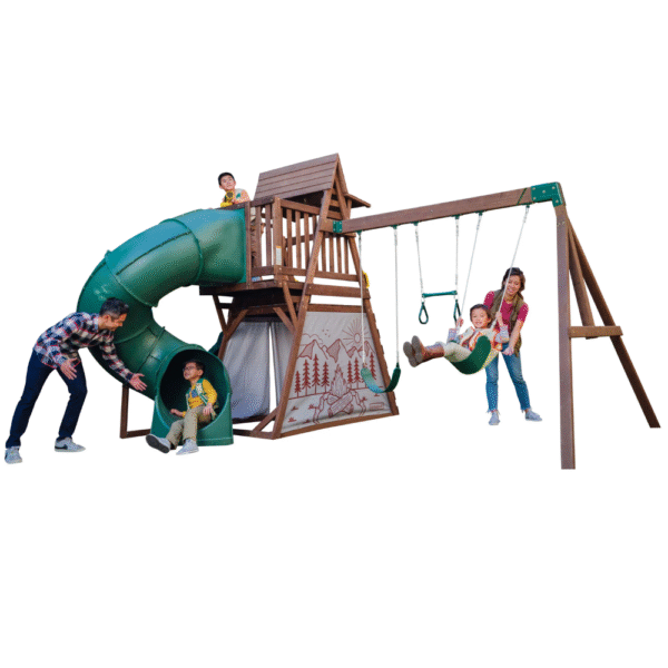 Ranger Retreat Wooden Swing Set/Playset with Tent, Tube Slide and 3-Swings